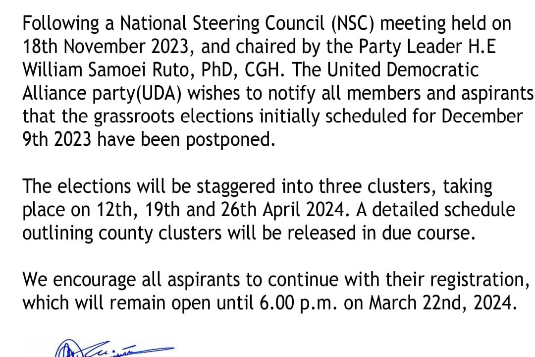 POSTPONEMENT OF GRASSROOTS ELECTIONS