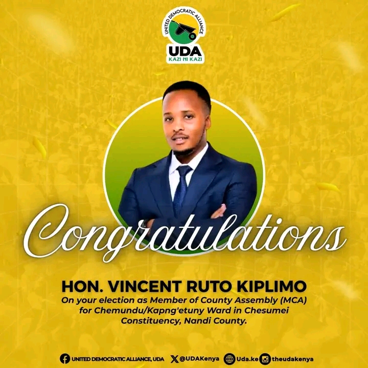 Congratulations Hon. Vincent Ruto Kiplimo on your election as the Member of County Assembly (MCA) for Chemundu/Kapng’etuny Ward in Chesumei Constituency, Nandi County